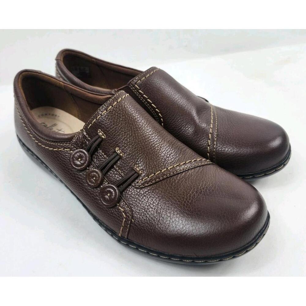 Clarks Collection Womens 10 M Brown Leather Button Slip On Loafers Flats Shoes